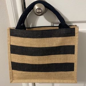 NWOT Burlap small tote bag with black stripes and handles 8.5” x 12” x 4”